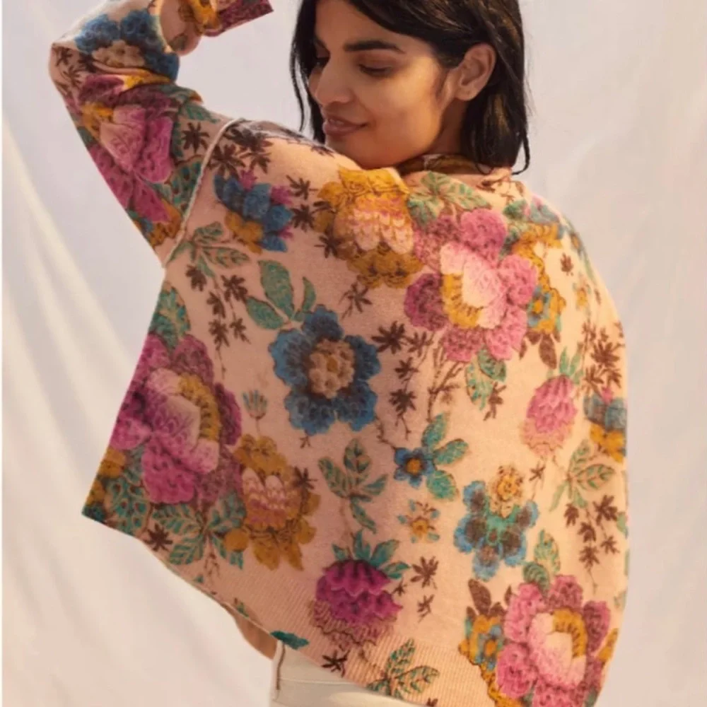 SOLD-Anthropologie Cashmere Floral Print Mock Neck Long Sleeve Sweater Pilcro - Picture 12 of 14